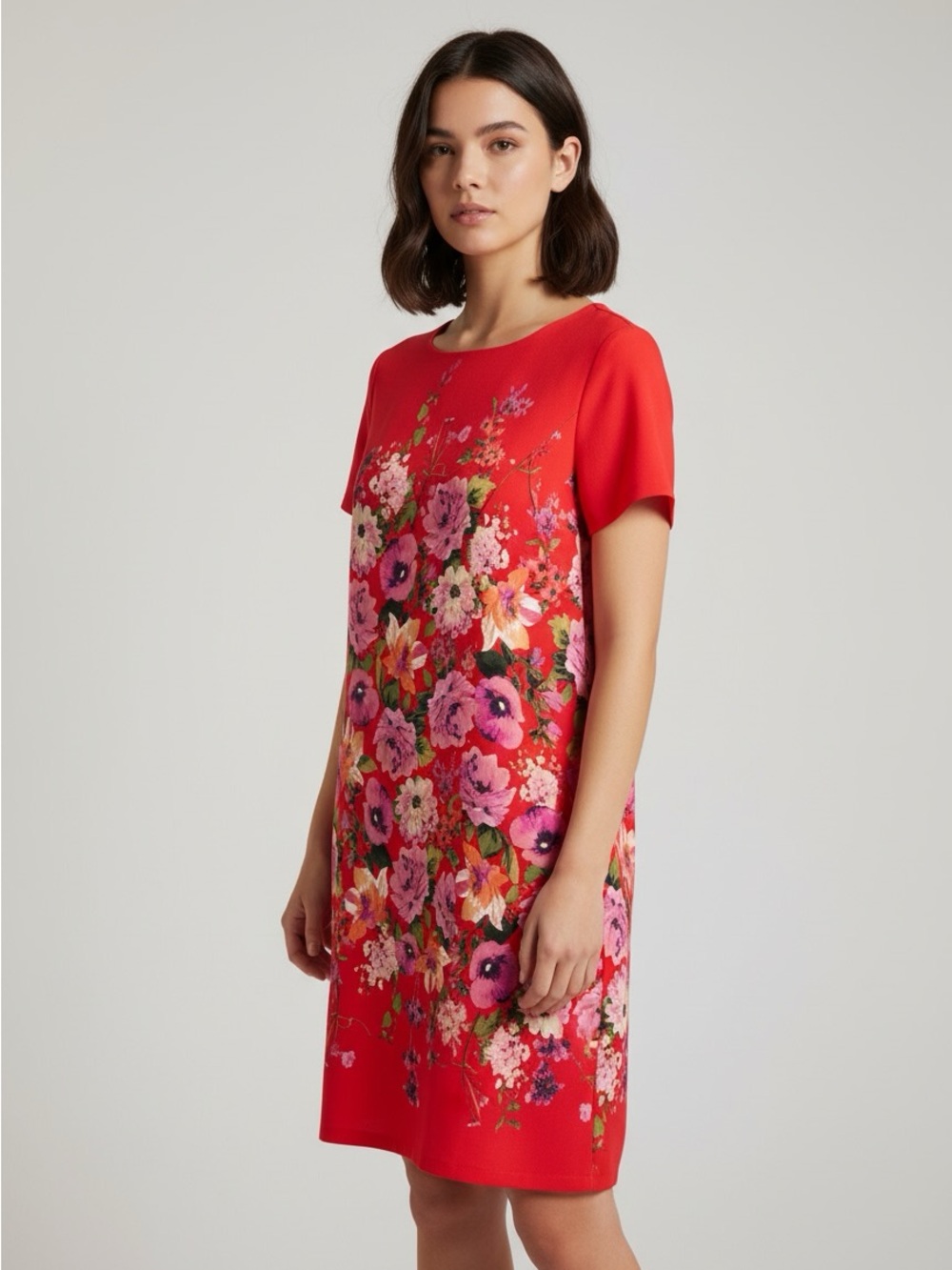 New Jessica Howard Red Floral Shift Dress with Pink Bouquet Print size 18 W